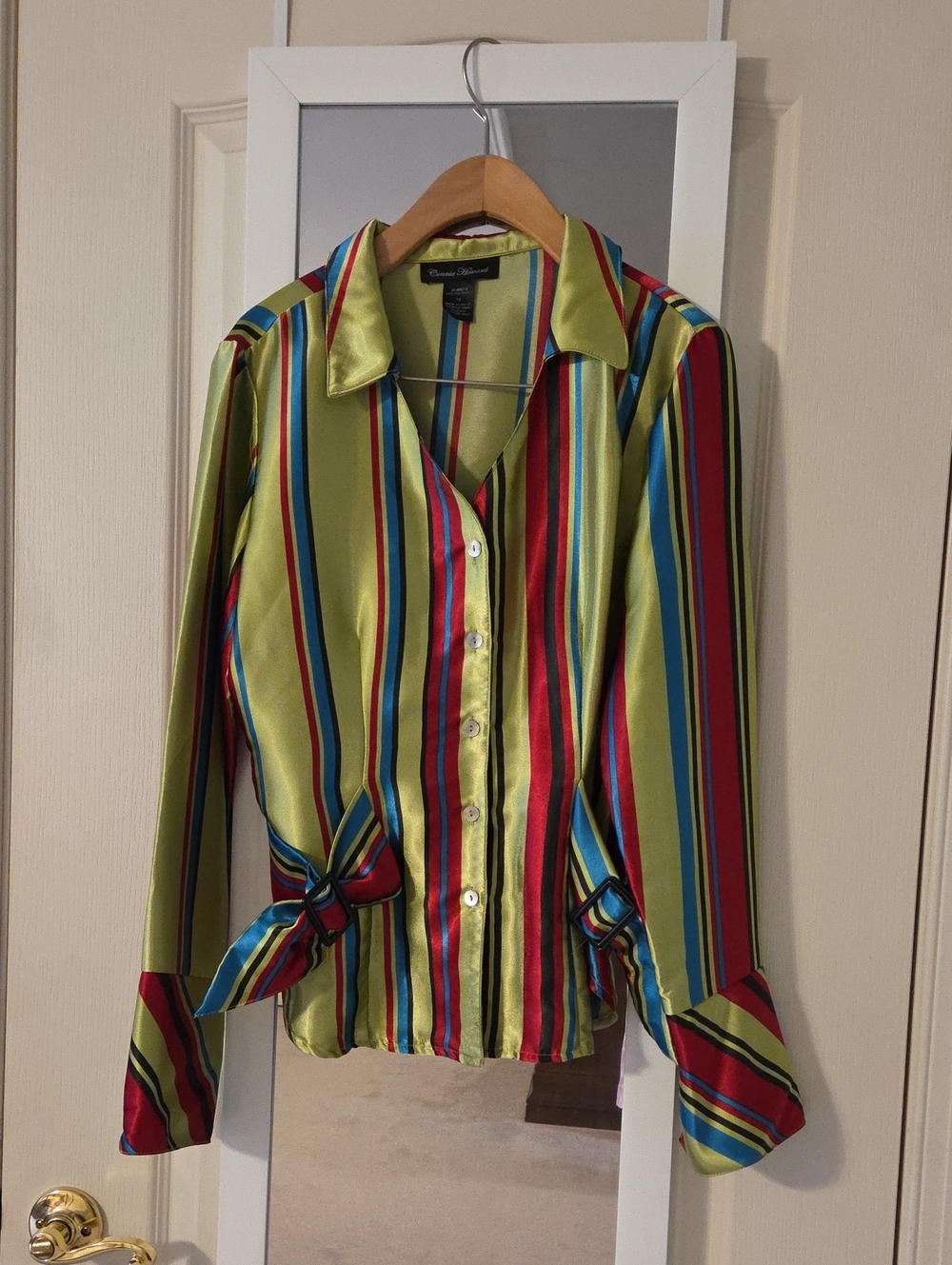 Vintage Donna Morgan Satin Striped Button-Down Blouse in Lime, Red & Blue